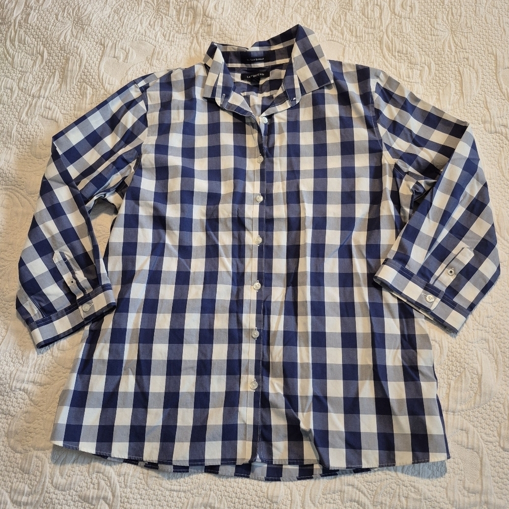 Lands' End women's size 12 blue & white gingham 3/4 sleeve button up shirt VGUC